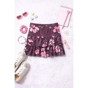Justice Girls Floral Tiered Ruffle Skirt Size 12 Burgundy Pink Flowers